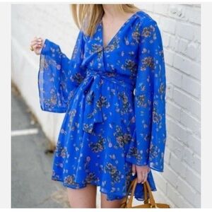 Free People Dress Lilou Blue Floral Chiffon Women's Bell Sleeves Medium